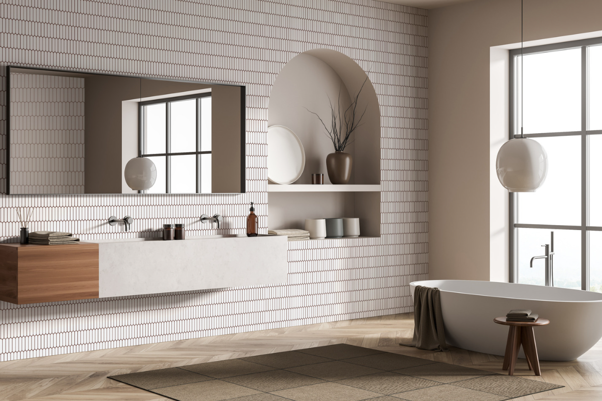 płytki eclair raw decor na ścianie w domowym spa w stylu japandi