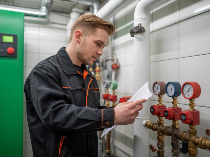 Technik sprawdzający manometry oraz instalację centralnego ogrzewania w kotłowni